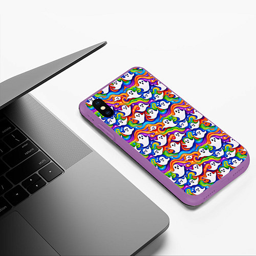 Чехол iPhone XS Max матовый Веселые привидения на красочном фоне / 3D-Фиолетовый – фото 3