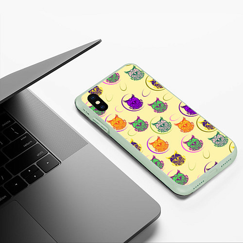Чехол iPhone XS Max матовый Сова - разноцветные птицы / 3D-Салатовый – фото 3