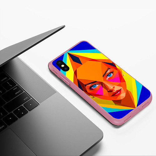 Чехол iPhone XS Max матовый Девушка голубоглазая в ромбе / 3D-Малиновый – фото 3