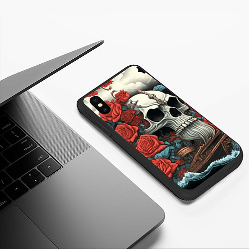 Чехол iPhone XS Max матовый Череп викинга на корабле с розами в стиле тату ире / 3D-Черный – фото 3