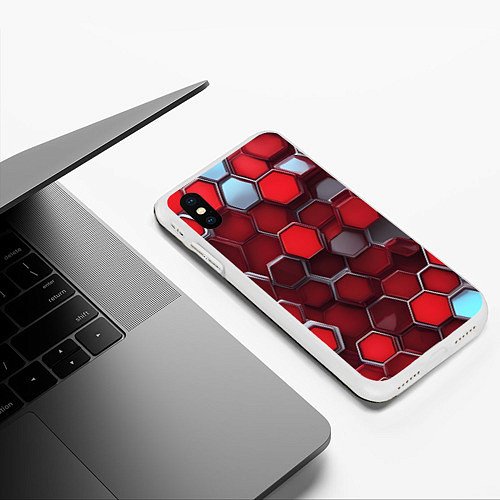 Чехол iPhone XS Max матовый Cyber hexagon red / 3D-Белый – фото 3