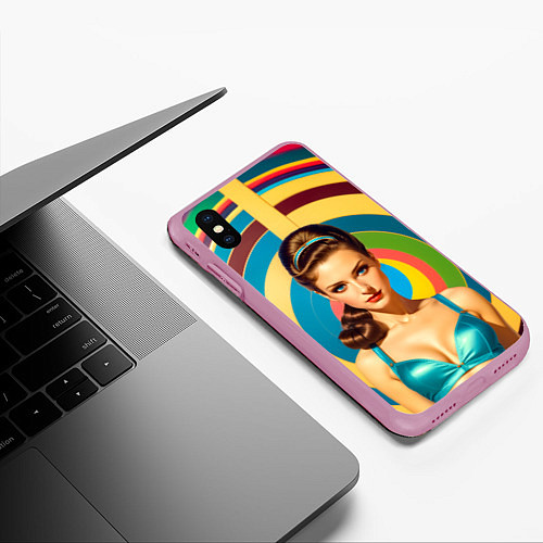 Чехол iPhone XS Max матовый Девушка с голубыми глазами в бирюзовом топе / 3D-Розовый – фото 3