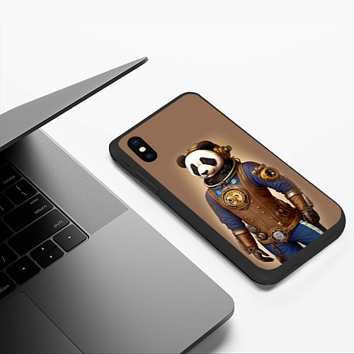 Чехол iPhone XS Max матовый Крутой панда в стиле стимпанк - нейросеть / 3D-Черный – фото 3