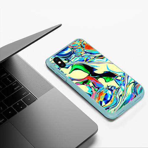 Чехол iPhone XS Max матовый Яркие абстрактные разводы / 3D-Мятный – фото 3