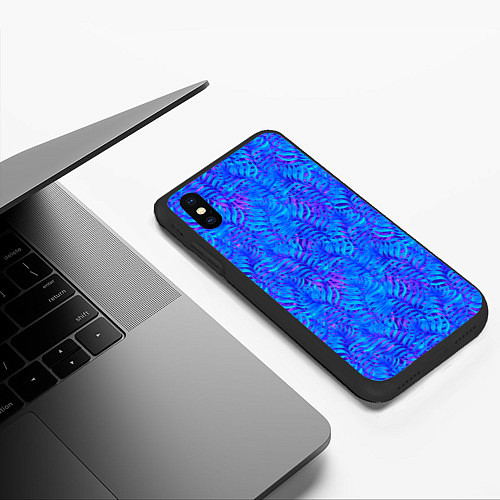 Чехол iPhone XS Max матовый Синие неоновые листья / 3D-Черный – фото 3
