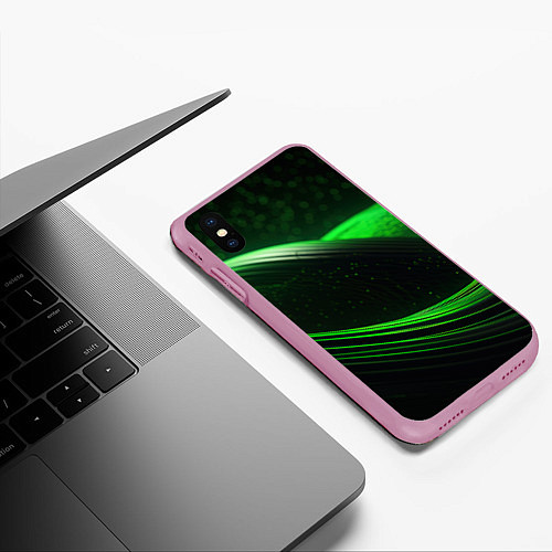 Чехол iPhone XS Max матовый Зеленые абстрактные волны / 3D-Розовый – фото 3