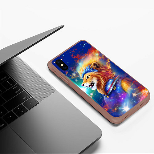 Чехол iPhone XS Max матовый Космический лев - неоновое свечение / 3D-Коричневый – фото 3