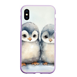 Чехол iPhone XS Max матовый Милые пингвины акварель, цвет: 3D-сиреневый