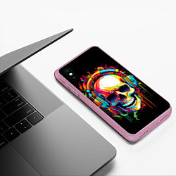 Чехол iPhone XS Max матовый Яркий череп в наушниках нарисованный красками, цвет: 3D-розовый — фото 2