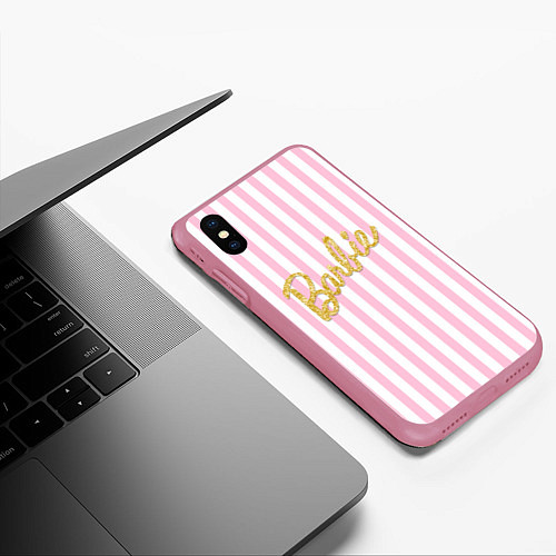 Чехол iPhone XS Max матовый Barbie - золотая надпись и бело-розовые полосы / 3D-Малиновый – фото 3