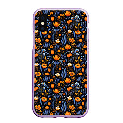Чехол iPhone XS Max матовый Цветы на темном фоне узор, цвет: 3D-сиреневый
