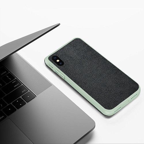 Чехол iPhone XS Max матовый Кожаная чёрная текстура / 3D-Салатовый – фото 3