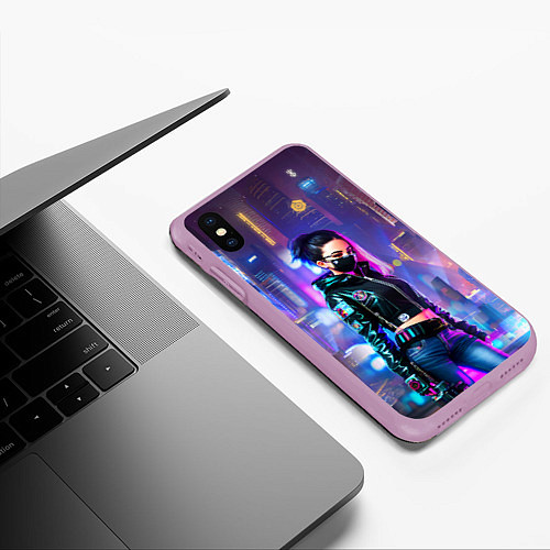 Чехол iPhone XS Max матовый Девчонка в маске в мегаполисе - киберпанк / 3D-Сиреневый – фото 3