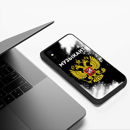 Чехол iPhone XS Max матовый Музыкант из России и герб РФ / 3D-Черный – фото 3