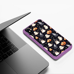 Чехол iPhone XS Max матовый Милые привидения и хэллуинские тыквы - паттерн, цвет: 3D-фиолетовый — фото 2