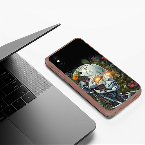 Чехол iPhone XS Max матовый Киборг с треснувшей головой и растениями со светящ / 3D-Коричневый – фото 3