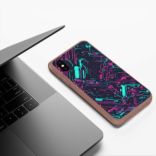 Чехол iPhone XS Max матовый Киберпанк линии синие и розовые / 3D-Коричневый – фото 3