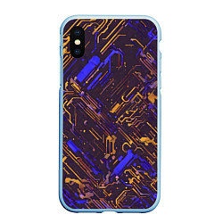 Чехол iPhone XS Max матовый Киберпанк линии синий и жёлтый, цвет: 3D-голубой