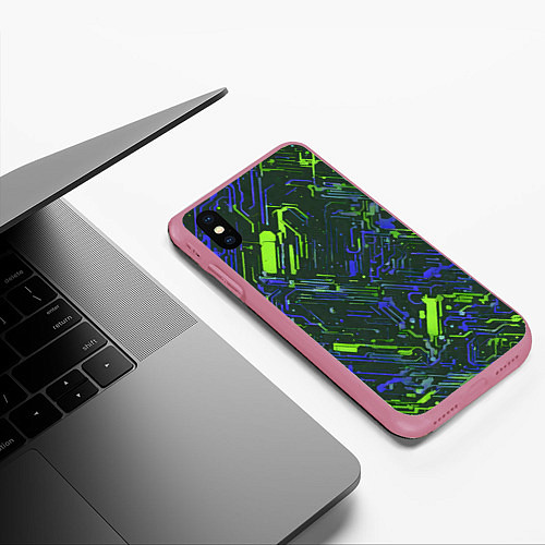 Чехол iPhone XS Max матовый Киберпанк линии зелёные и синие / 3D-Малиновый – фото 3