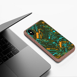 Чехол iPhone XS Max матовый Киберпанк линии оранжевые и голубые, цвет: 3D-коричневый — фото 2