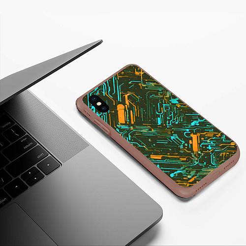 Чехол iPhone XS Max матовый Киберпанк линии оранжевые и голубые / 3D-Коричневый – фото 3