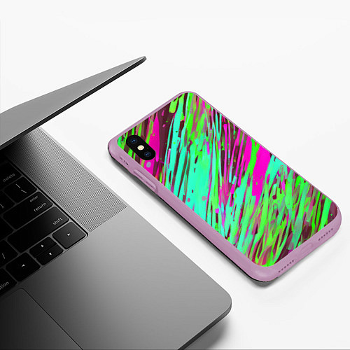 Чехол iPhone XS Max матовый Разноцветные брызги зелёные и розовые / 3D-Сиреневый – фото 3