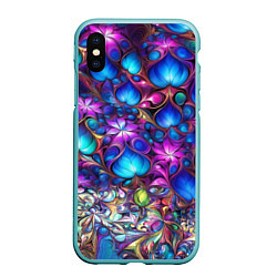 Чехол iPhone XS Max матовый Абстракция синие листья и фиолетовый цветы, цвет: 3D-мятный