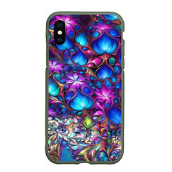 Чехол iPhone XS Max матовый Абстракция синие листья и фиолетовый цветы, цвет: 3D-темно-зеленый