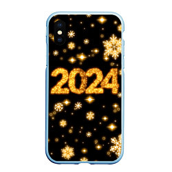 Чехол iPhone XS Max матовый Новый 2024 год - золотые снежинки, цвет: 3D-голубой