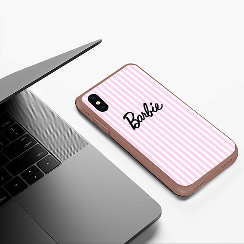 Чехол iPhone XS Max матовый Barbie - классическая розово-белая полоска / 3D-Коричневый – фото 3