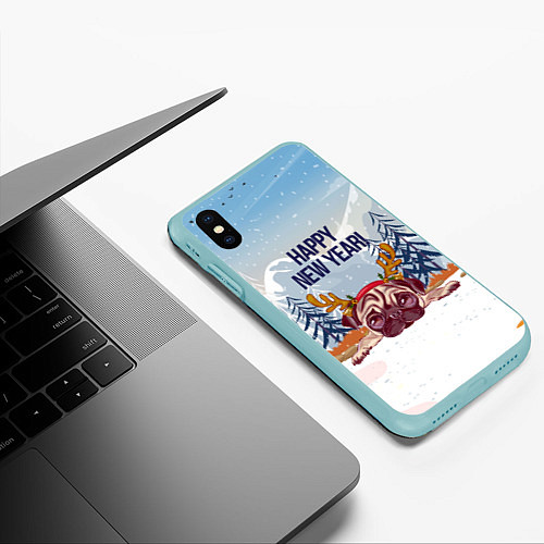 Чехол iPhone XS Max матовый Мопс с оленьими рогами / 3D-Мятный – фото 3