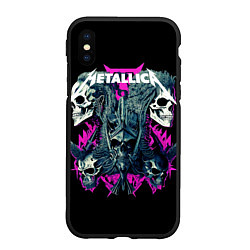 Чехол iPhone XS Max матовый Металлика на фоне черепов рокеров, цвет: 3D-черный