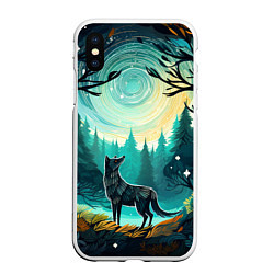 Чехол iPhone XS Max матовый Волк в ночном лесу фолк-арт, цвет: 3D-белый