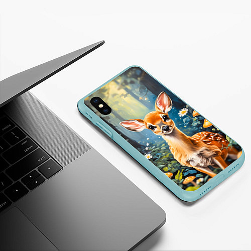 Чехол iPhone XS Max матовый Олененок в волшебном лесу / 3D-Мятный – фото 3