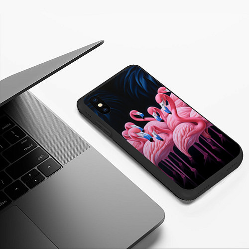 Чехол iPhone XS Max матовый Стая розовых фламинго в темноте / 3D-Черный – фото 3