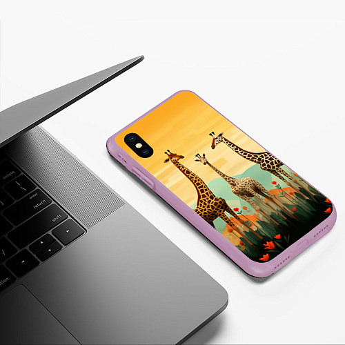 Чехол iPhone XS Max матовый Три жирафа в стиле фолк-арт / 3D-Сиреневый – фото 3