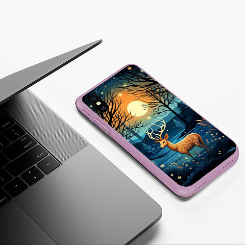 Чехол iPhone XS Max матовый Олень в ночном лесу фолк-арт / 3D-Сиреневый – фото 3