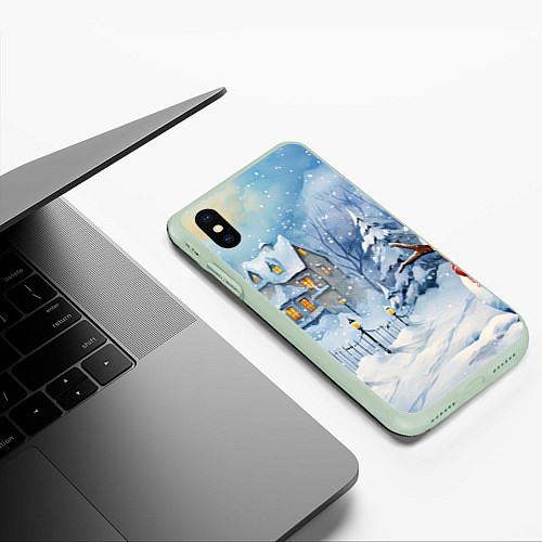 Чехол iPhone XS Max матовый Новогодний снеговик с шарфом / 3D-Салатовый – фото 3