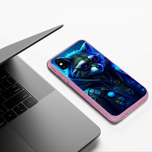Чехол iPhone XS Max матовый Енот киберпанк от ai / 3D-Розовый – фото 3