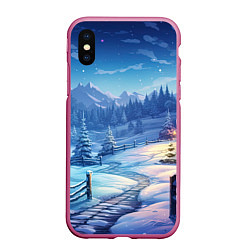 Чехол iPhone XS Max матовый Новогодний пейзаж и горы, цвет: 3D-малиновый