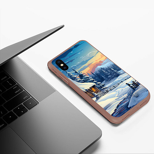 Чехол iPhone XS Max матовый Зимний новогодний пейзаж / 3D-Коричневый – фото 3