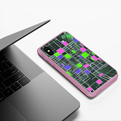 Чехол iPhone XS Max матовый Белые полосы и разноцветные квадраты, цвет: 3D-розовый — фото 2