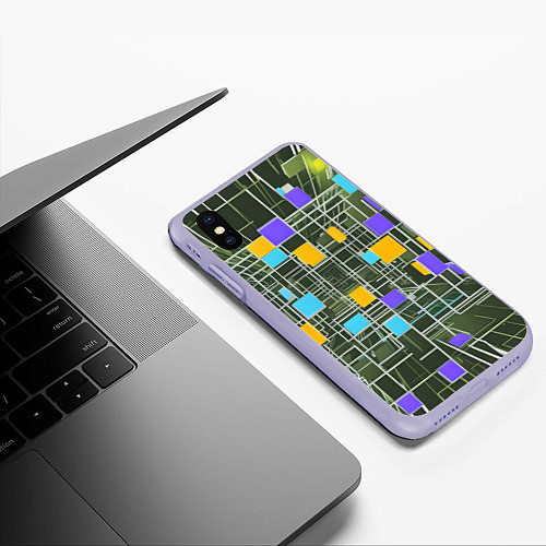 Чехол iPhone XS Max матовый Разноцветные квадраты и белые полосы / 3D-Светло-сиреневый – фото 3