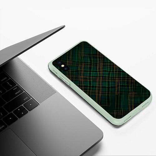 Чехол iPhone XS Max матовый Тёмно-зелёная диагональная клетка в шотландском ст / 3D-Салатовый – фото 3