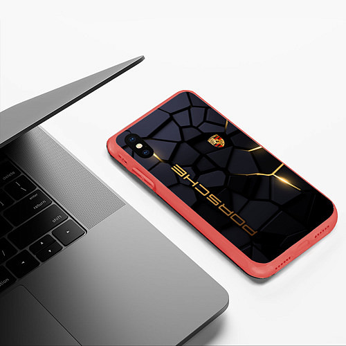 Чехол iPhone XS Max матовый Porsche - плиты с эффектом свечения / 3D-Красный – фото 3