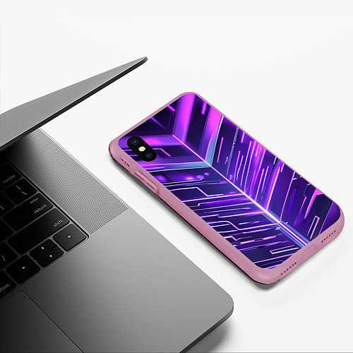 Чехол iPhone XS Max матовый Фиолетовые неон полосы киберпанк / 3D-Розовый – фото 3