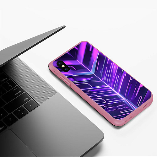 Чехол iPhone XS Max матовый Фиолетовые неон полосы киберпанк / 3D-Малиновый – фото 3