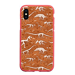 Чехол iPhone XS Max матовый Скелеты динозавров, цвет: 3D-красный