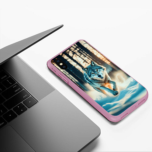 Чехол iPhone XS Max матовый Волк в темном лесу / 3D-Розовый – фото 3