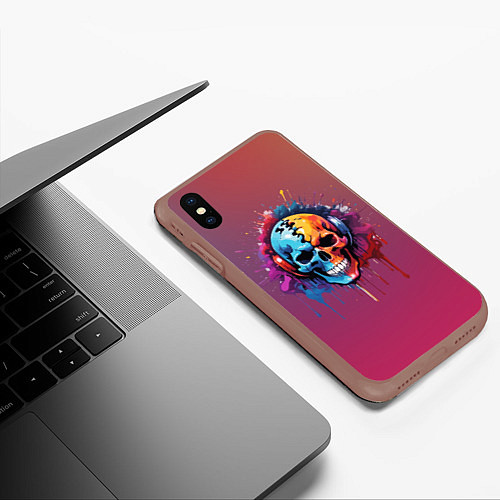 Чехол iPhone XS Max матовый Череп Dj в наушниках и брызги краски / 3D-Коричневый – фото 3